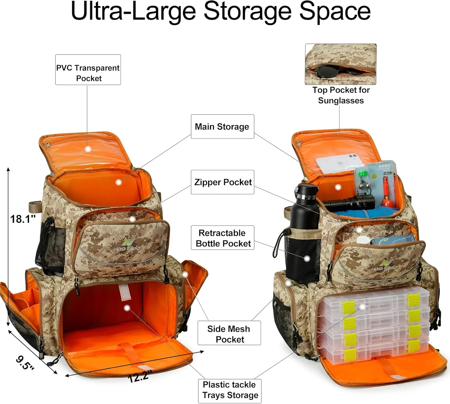 N NEVO RHINO 40L Fishing Tackle Backpack: Contains 4 Tackle Boxes, Rod Holders, Waterproof Rain Cover, High-performance,Multi-pocket, Large-capacity and Sturdy Fishing Backpack