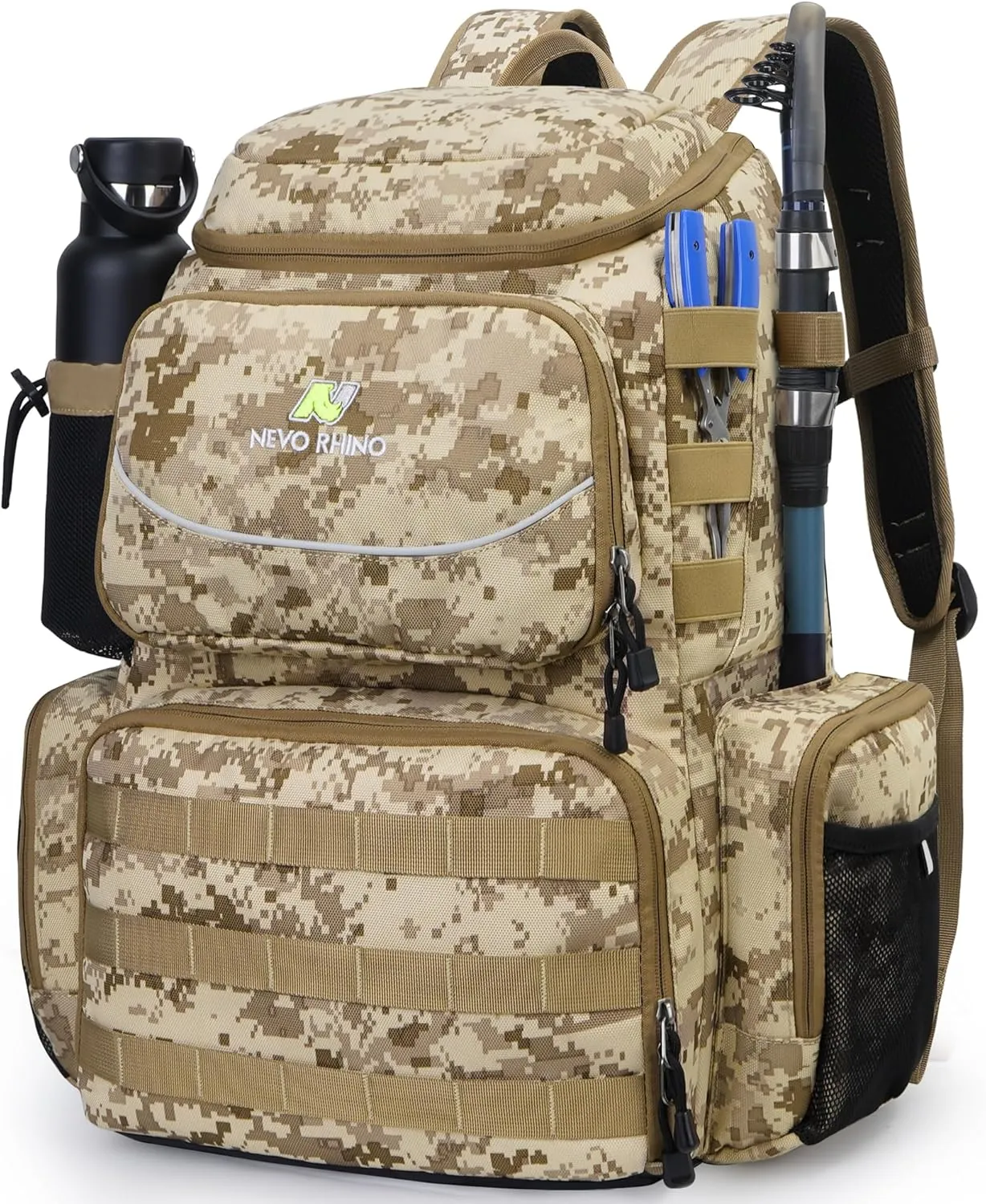 N NEVO RHINO 40L Fishing Tackle Backpack: Contains 4 Tackle Boxes, Rod Holders, Waterproof Rain Cover, High-performance,Multi-pocket, Large-capacity and Sturdy Fishing Backpack