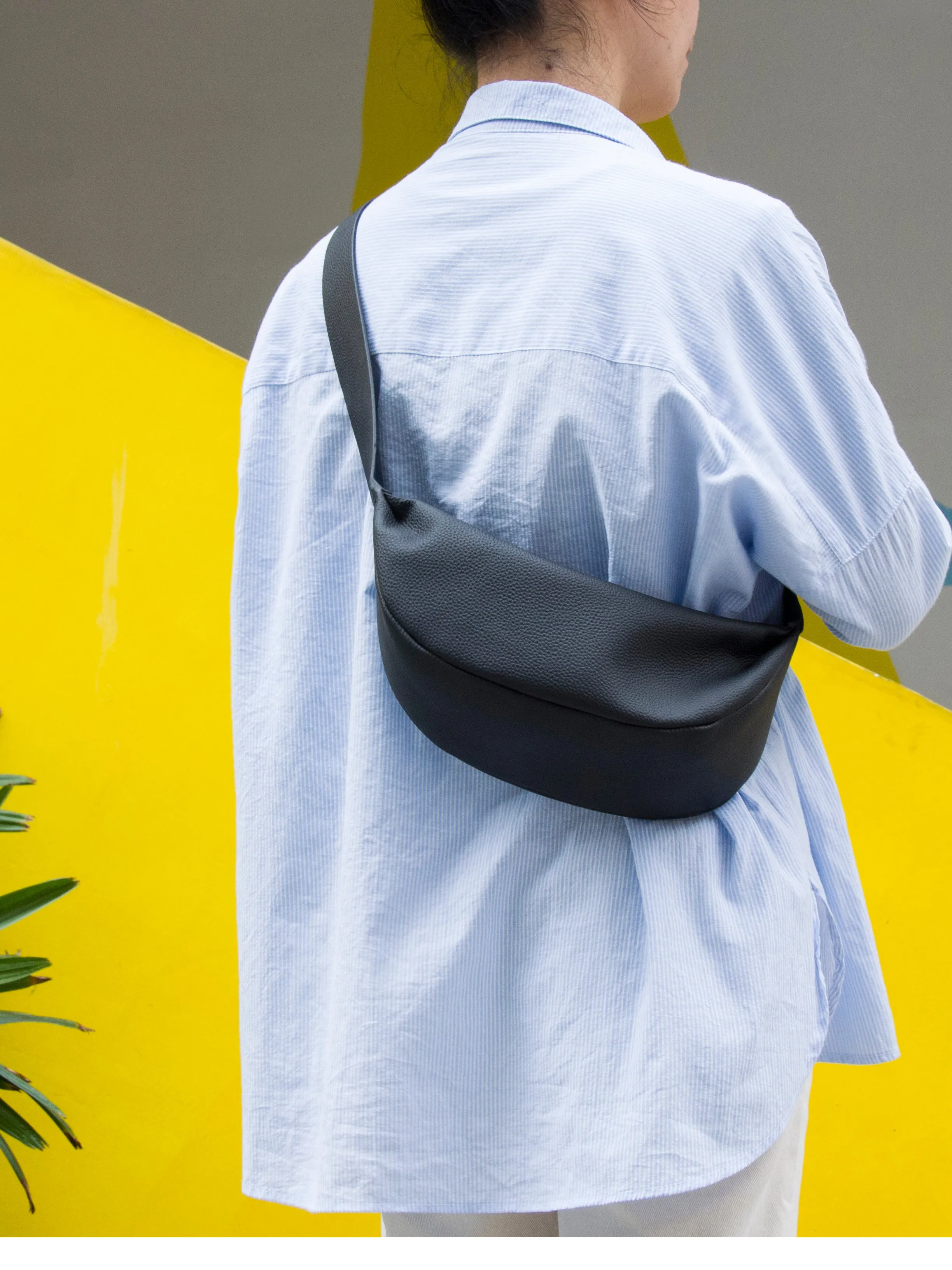 Natural Grain Leather Crescent Sling Bag For Women