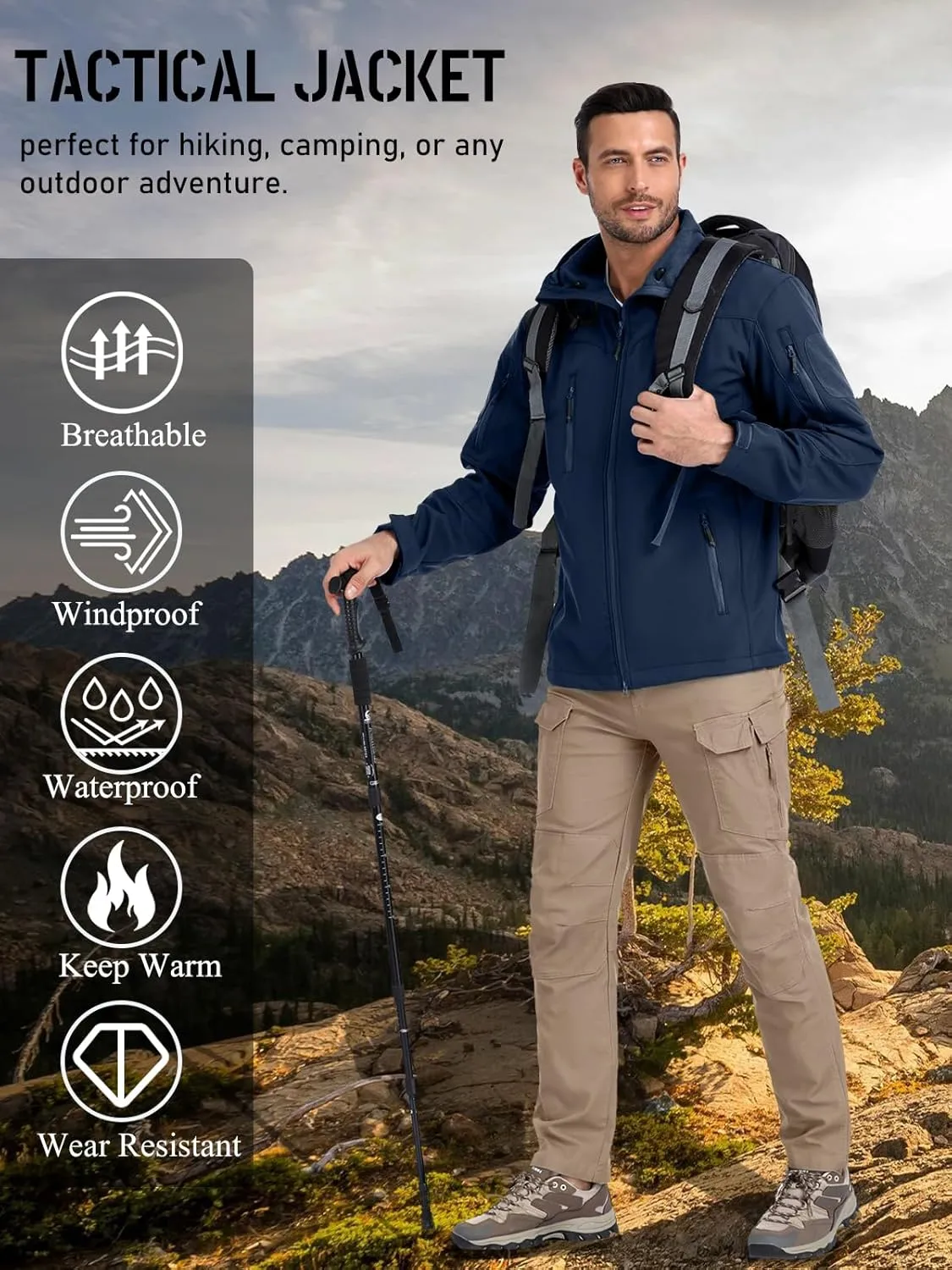 NAVEKULL Men's Tactical Jacket Waterproof Softshell Fleece Lined Hooded Coats Outdoor Hiking Windbreaker