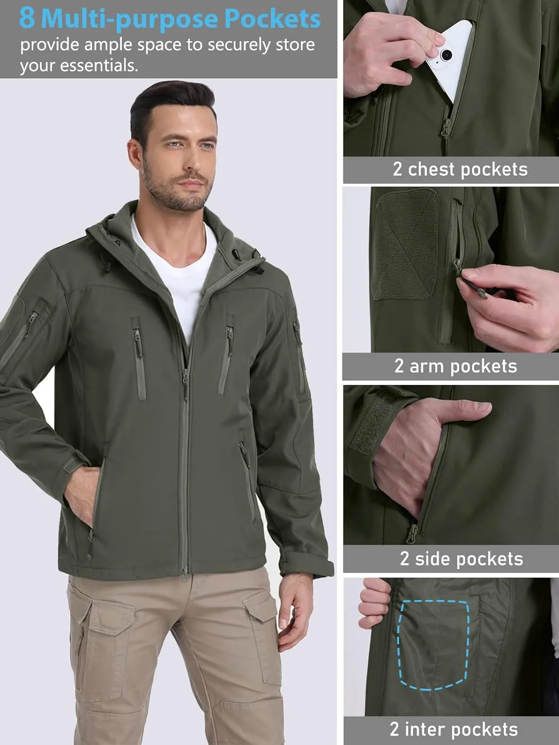 NAVEKULL Men's Tactical Jacket Waterproof Softshell Fleece Lined Hooded Coats Outdoor Hiking Windbreaker