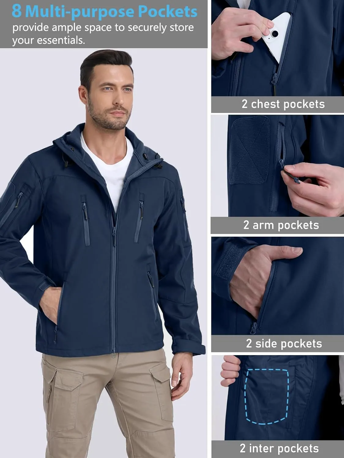 NAVEKULL Men's Tactical Jacket Waterproof Softshell Fleece Lined Hooded Coats Outdoor Hiking Windbreaker