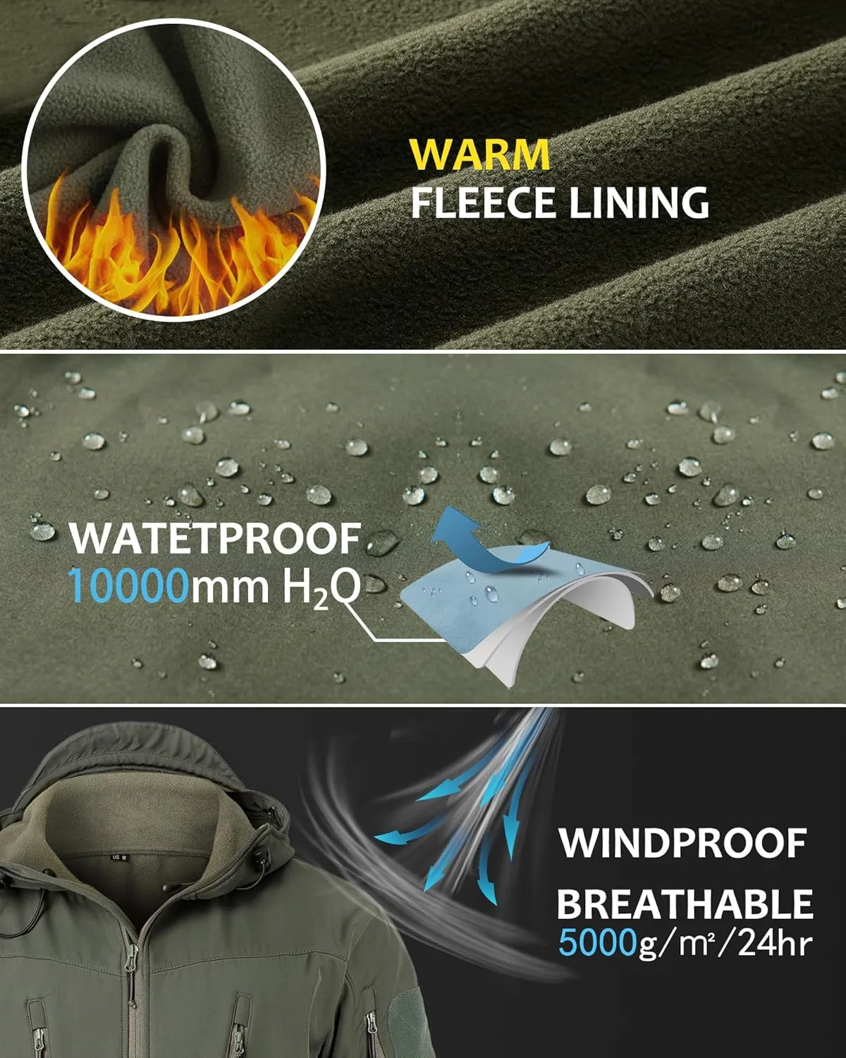 NAVEKULL Men's Tactical Jacket Waterproof Softshell Fleece Lined Hooded Coats Outdoor Hiking Windbreaker