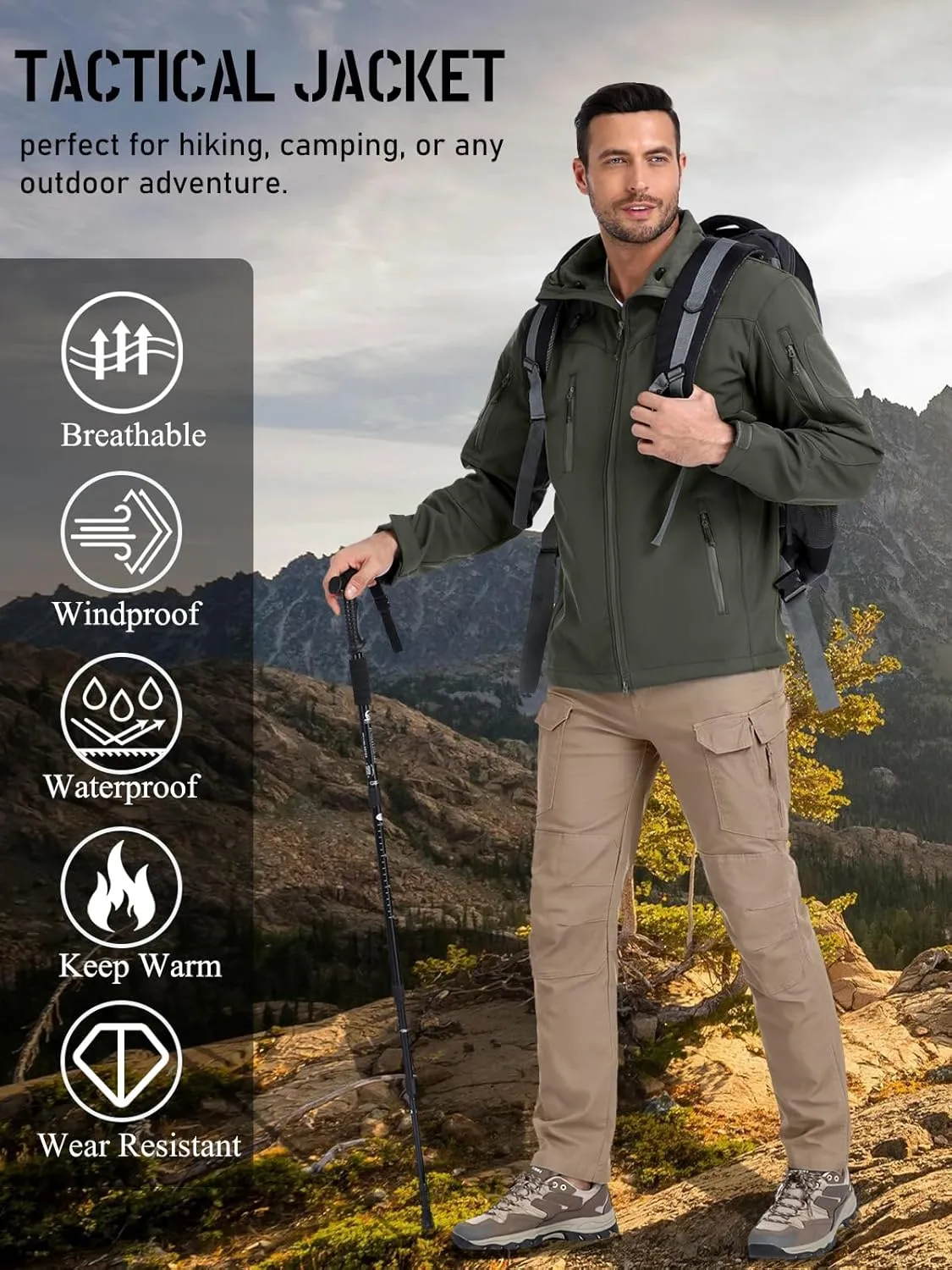 NAVEKULL Men's Tactical Jacket Waterproof Softshell Fleece Lined Hooded Coats Outdoor Hiking Windbreaker