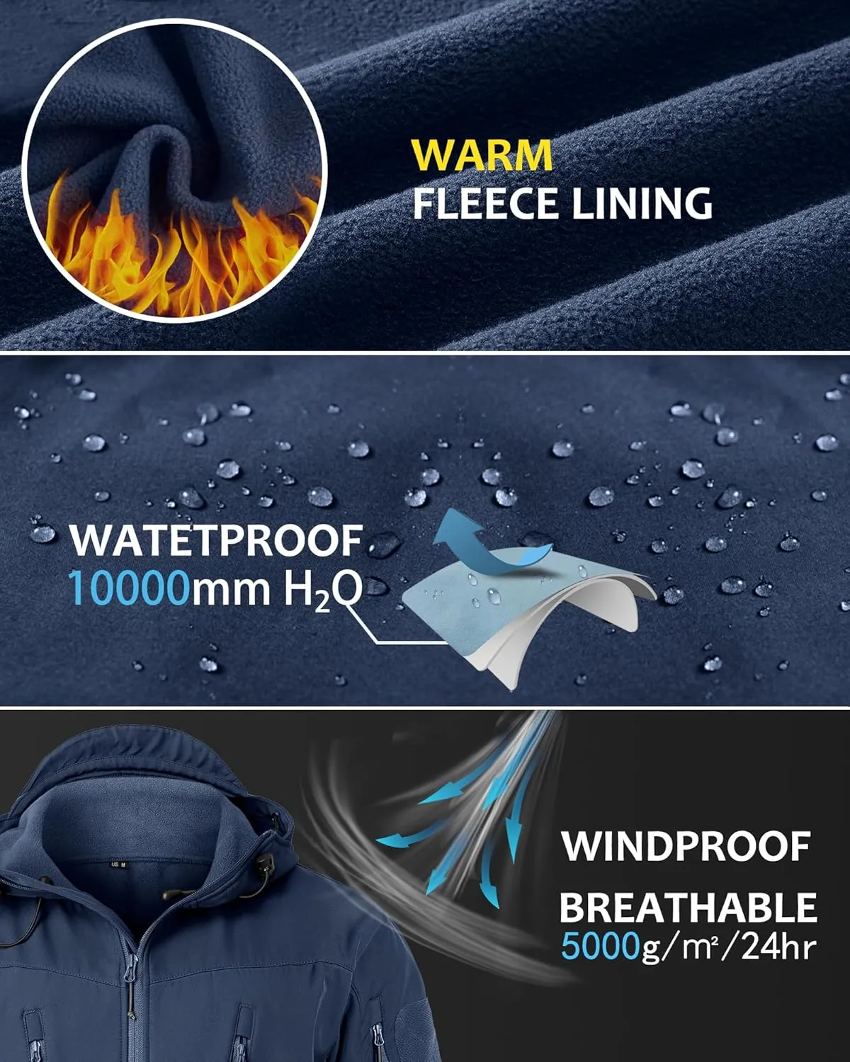 NAVEKULL Men's Tactical Jacket Waterproof Softshell Fleece Lined Hooded Coats Outdoor Hiking Windbreaker