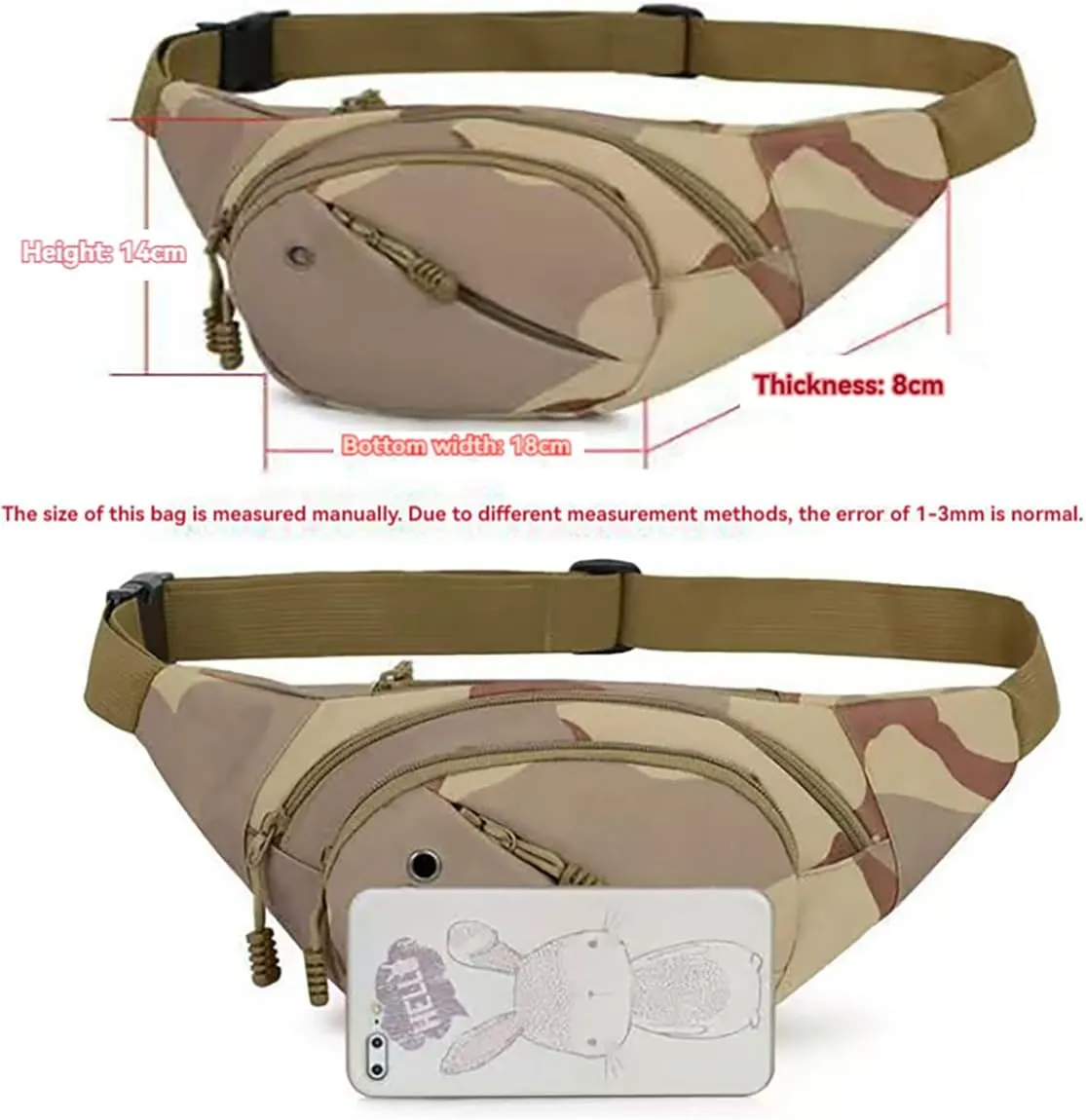 NCDUANSAN Men's running multifunctional wear-resistant waist bag, casual chest bag, large capacity, camouflage sports bag (brown)