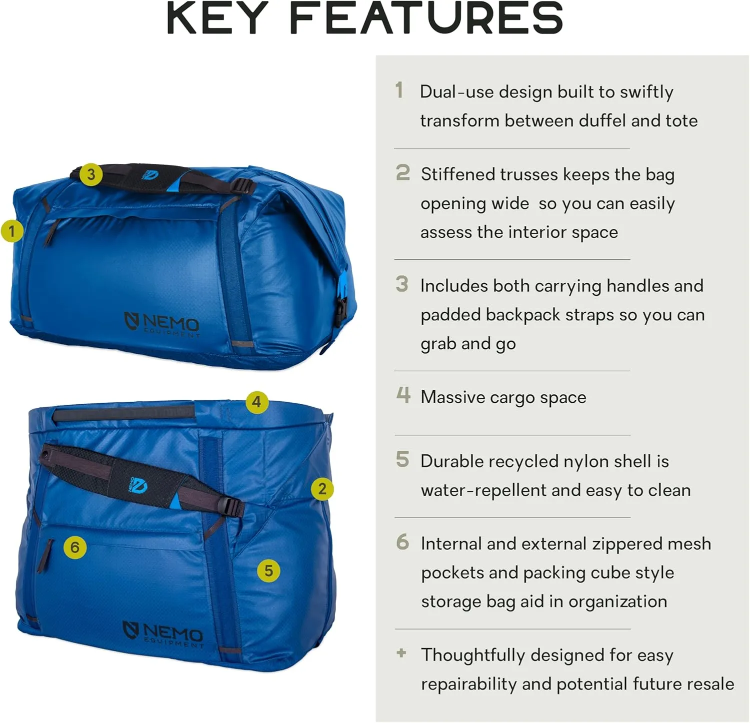 NEMO Equipment Double Haul Convertible Duffel & Tote Bag – Water-Resistant Gear Bag with Backpack Straps - 100L - Lake
