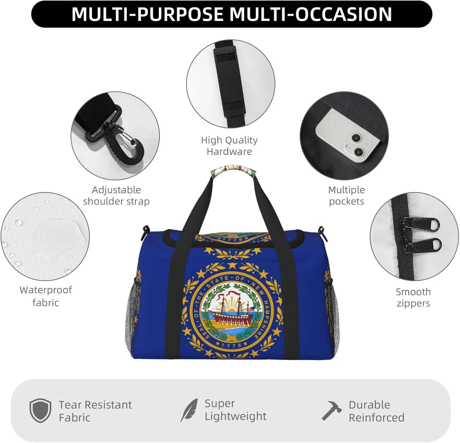 New Hampshire State Flag Travel Bag, Weekender Bags For Women Men For Outdoor Adventures, Ideal For Camping And Hiking
