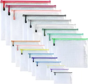 Oaimyy-18Pcs,Plastic Mesh Zipper Pouch Document Folders Bag Zipper Zip File Folders for Office Supplies, Travel,Organizing Storage (6 Sizes, Multicolor)