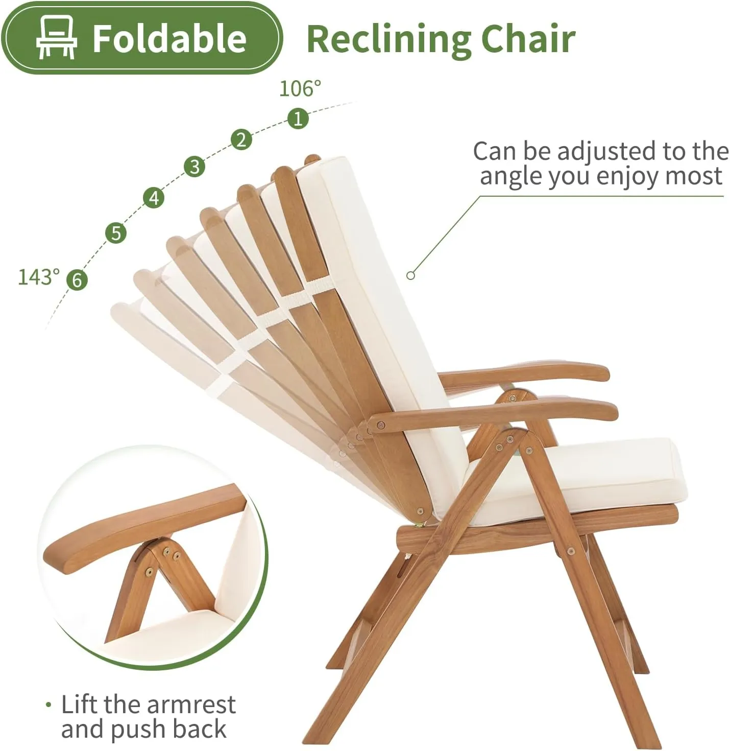 OC Orange-Casual Folding Patio Dining Chair Set of 4, Outdoor Acacia Wooden Reclining Chair w/Armrest & Removeable Cushion, Solid Wood, for Porch, Backyard, Garden, Indoor, Beige