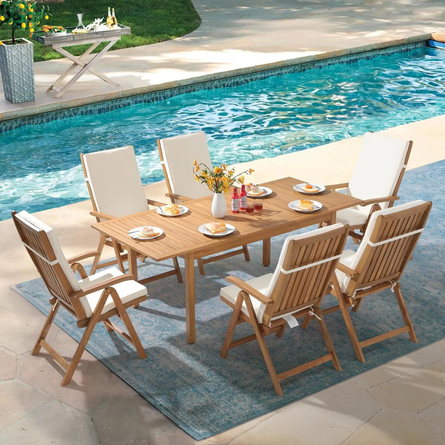OC Orange-Casual Folding Patio Dining Chair Set of 4, Outdoor Acacia Wooden Reclining Chair w/Armrest & Removeable Cushion, Solid Wood, for Porch, Backyard, Garden, Indoor, Beige
