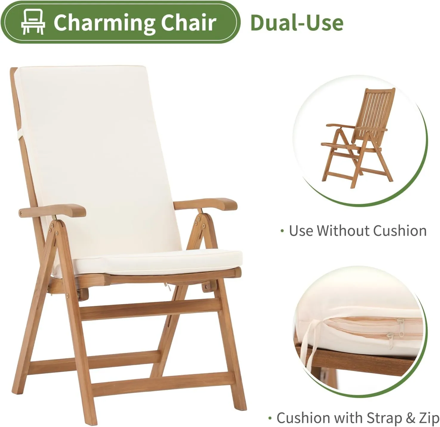 OC Orange-Casual Folding Patio Dining Chair Set of 4, Outdoor Acacia Wooden Reclining Chair w/Armrest & Removeable Cushion, Solid Wood, for Porch, Backyard, Garden, Indoor, Beige
