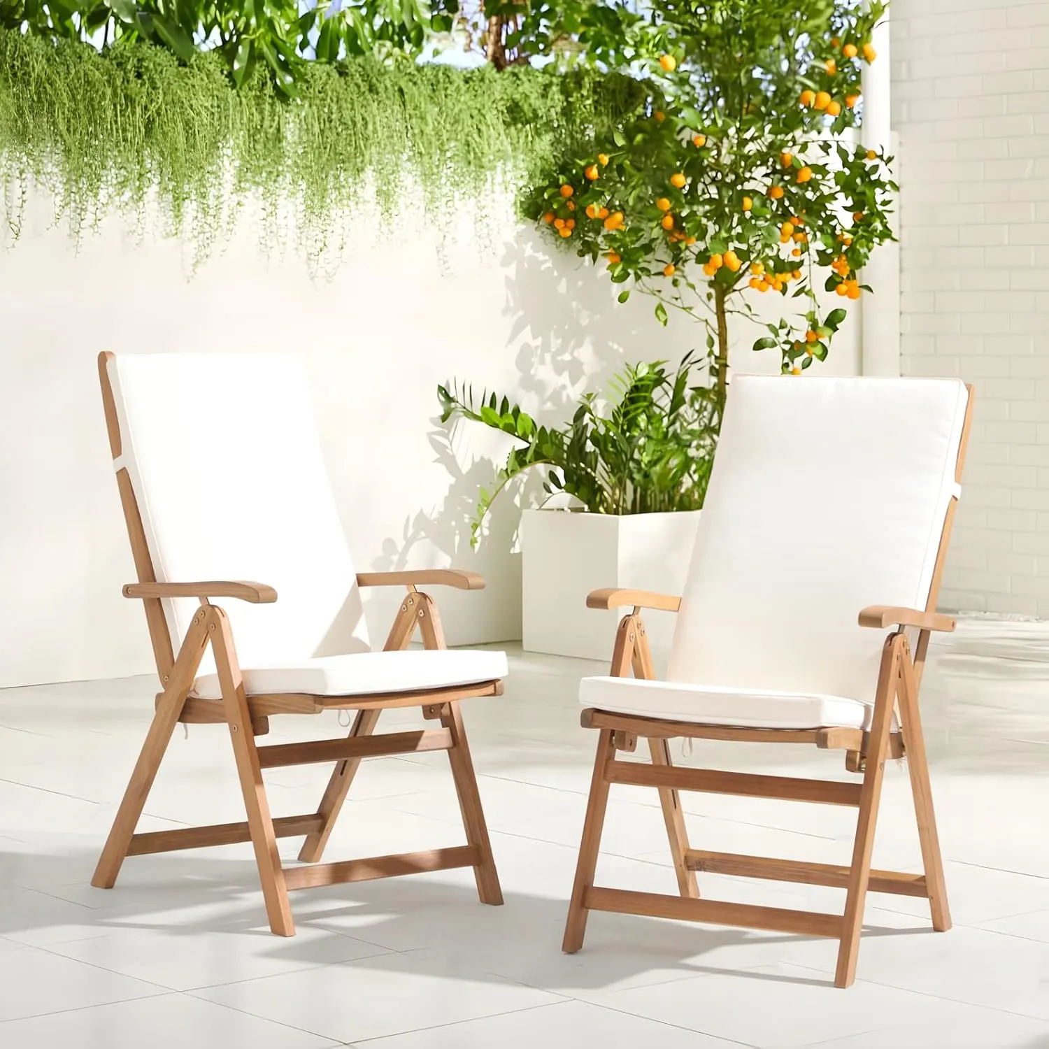 OC Orange-Casual Folding Patio Dining Chair Set of 4, Outdoor Acacia Wooden Reclining Chair w/Armrest & Removeable Cushion, Solid Wood, for Porch, Backyard, Garden, Indoor, Beige
