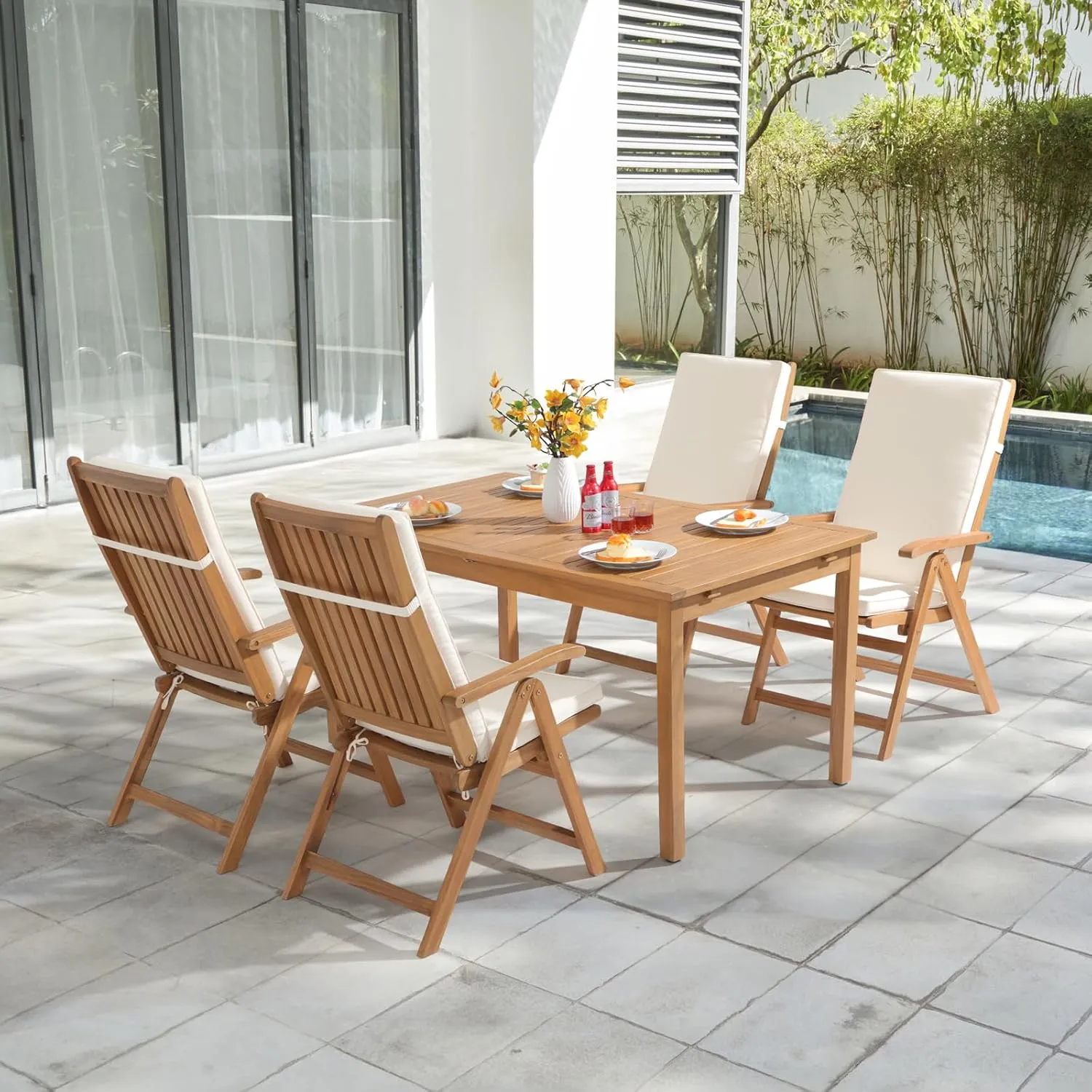 OC Orange-Casual Folding Patio Dining Chair Set of 4, Outdoor Acacia Wooden Reclining Chair w/Armrest & Removeable Cushion, Solid Wood, for Porch, Backyard, Garden, Indoor, Beige