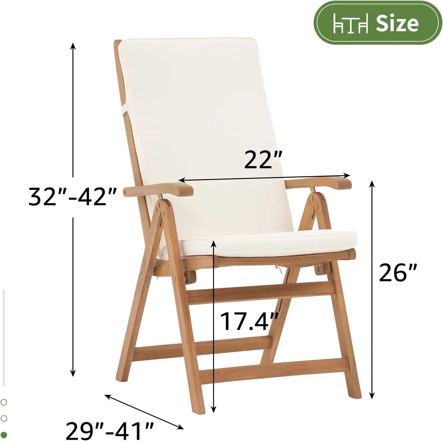 OC Orange-Casual Folding Patio Dining Chair Set of 4, Outdoor Acacia Wooden Reclining Chair w/Armrest & Removeable Cushion, Solid Wood, for Porch, Backyard, Garden, Indoor, Beige