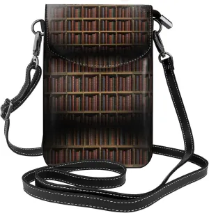 Old-Fashioned Bookshelf Print Small Crossbody Bags for Women Leather Cell Phone Purses Mini Leather Shoulder Handbag Adjustable Strap