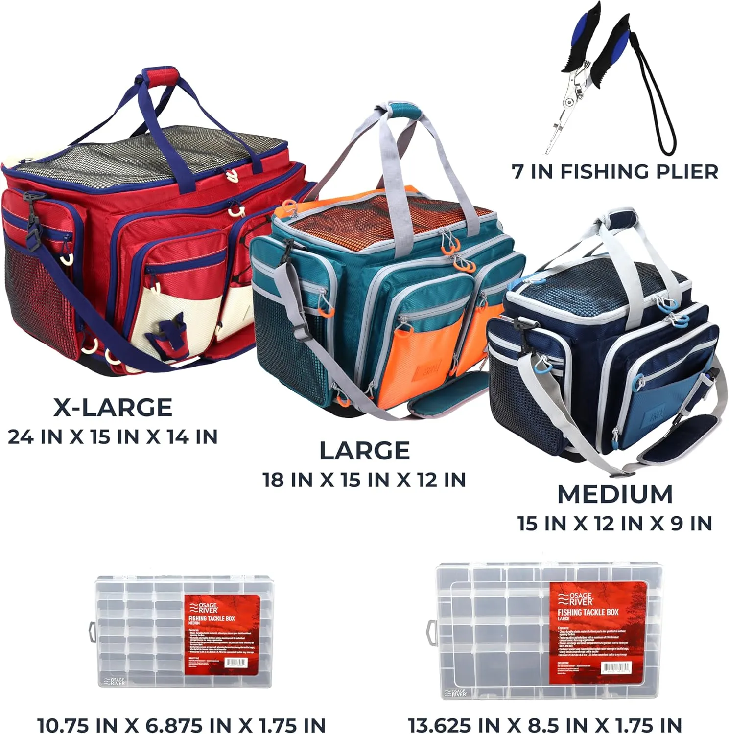 OSAGE RIVER Fishing Tackle Bag with Tackle Boxes, Saltwater Fishing Gear Bag, Tackle Box Organizer with Waterproof Non-Slip Bottom, Padded Shoulder Strap, and Fishing Pliers, Fishing Gifts for Men