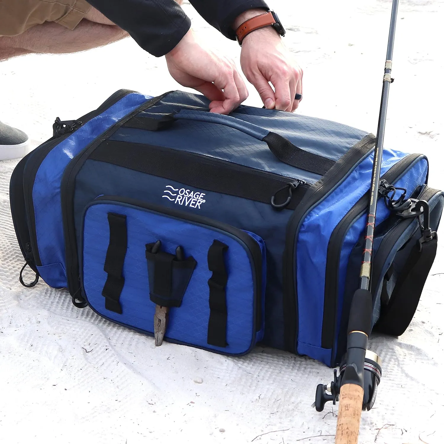 OSAGE RIVER Large Waterproof Fishing Tackle Bag with Padded Shoulder Strap, Ripstop Soft Sided Bag with Fishing Pliers Holder