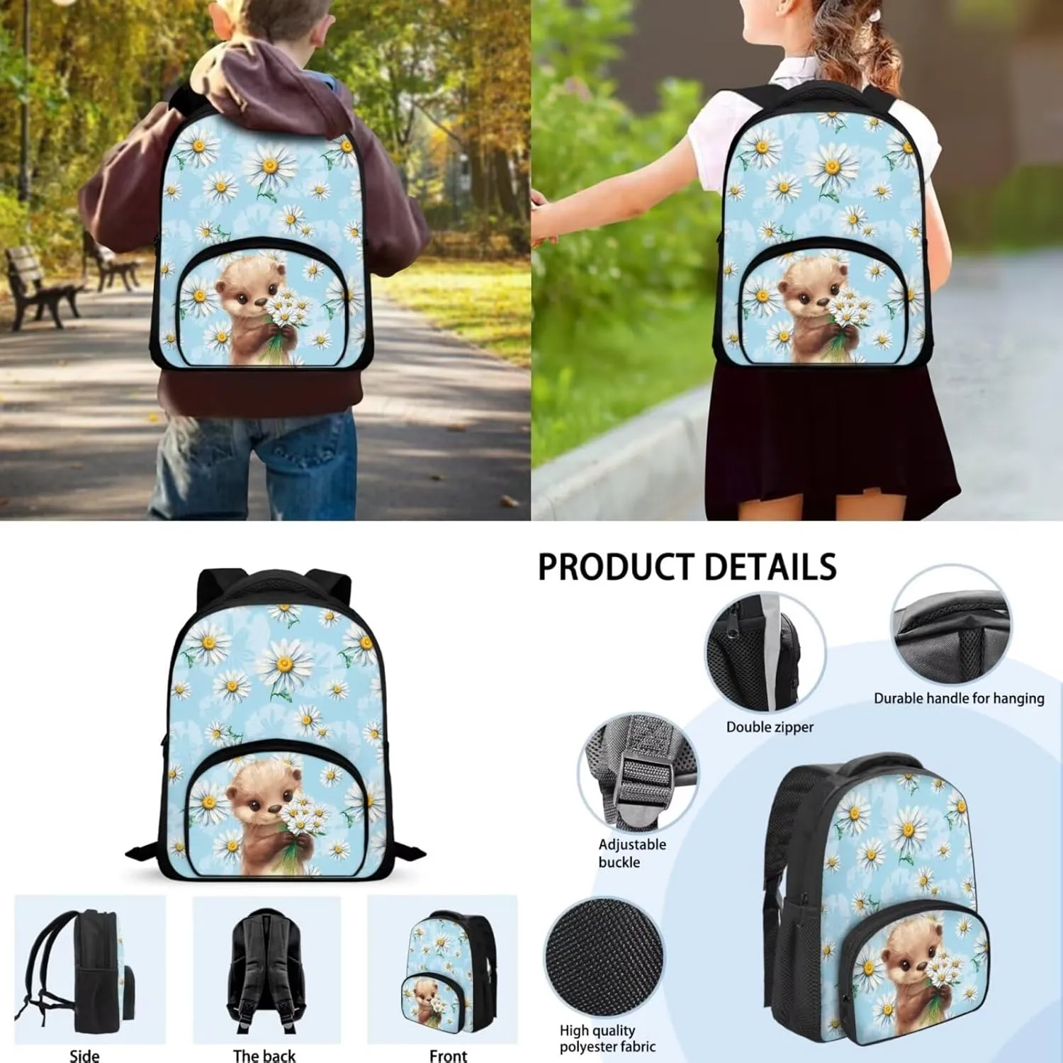 Otter Daisy Backpack for Kids Bookbag Sets 3pcs Backpack with Lunch Box & Pencil Case School Bag with Adjustable Shoulder Strap