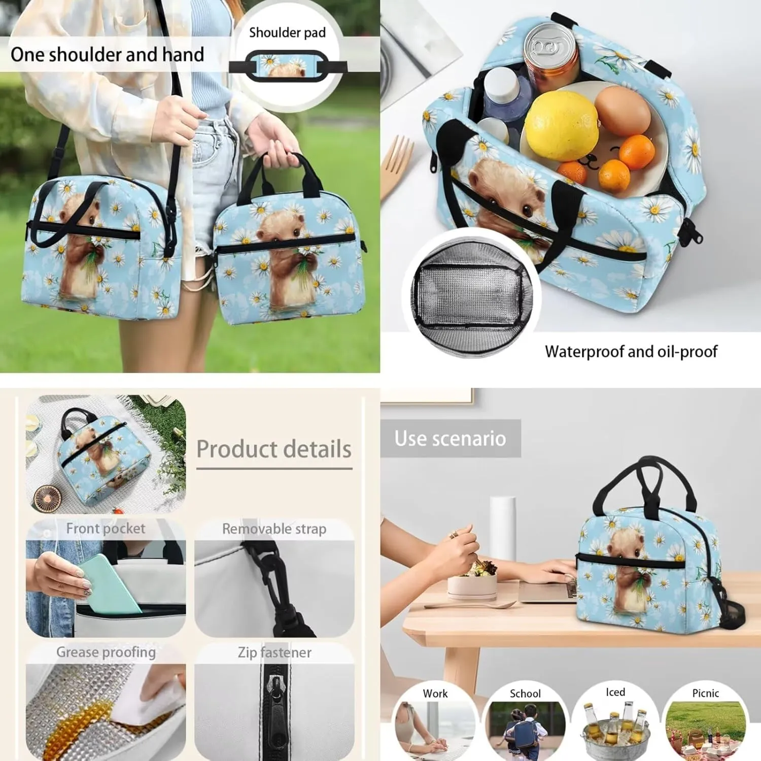 Otter Daisy Backpack for Kids Bookbag Sets 3pcs Backpack with Lunch Box & Pencil Case School Bag with Adjustable Shoulder Strap