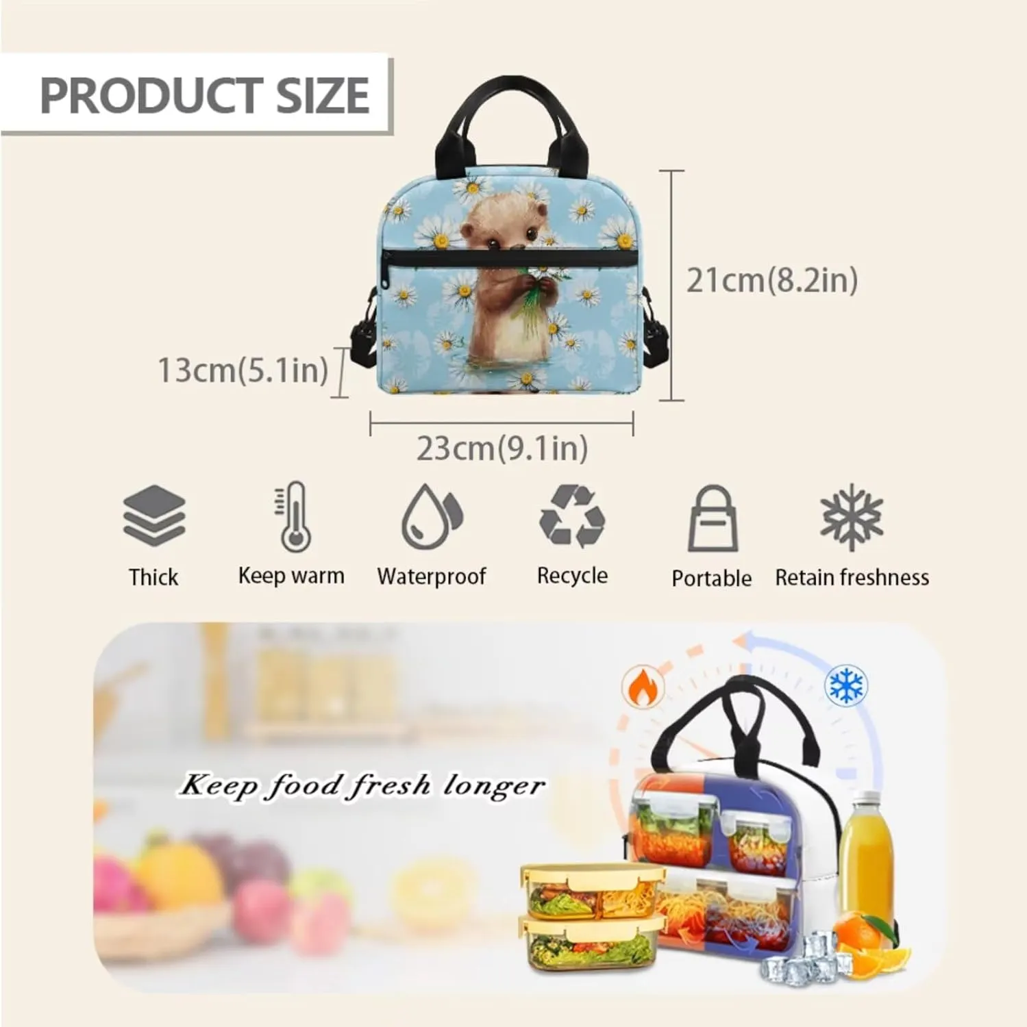 Otter Daisy Backpack for Kids Bookbag Sets 3pcs Backpack with Lunch Box & Pencil Case School Bag with Adjustable Shoulder Strap