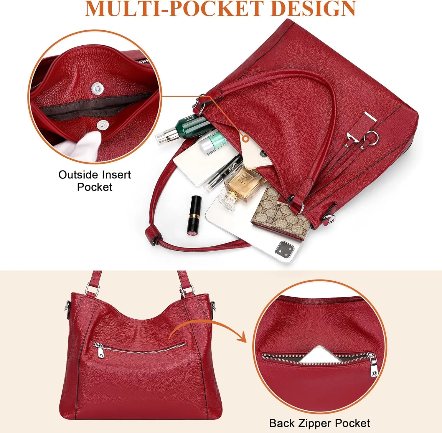 Over Earth Genuine Leather Purses for Women Casual Hobo Shoulder Handbags Large Crossbody Bags