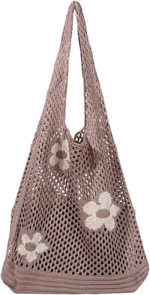 Ovida Crochet Tote Bag Mesh Beach Bag Fairycore Hobo Fairy Grunge Aesthetic Shoulder Bag Y2k Purse for Women Girls