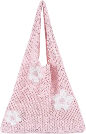 Ovida Crochet Tote Bag Mesh Beach Bag Fairycore Hobo Fairy Grunge Aesthetic Shoulder Bag Y2k Purse for Women Girls