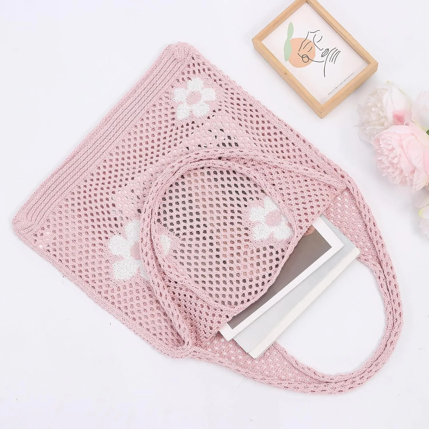 Ovida Crochet Tote Bag Mesh Beach Bag Fairycore Hobo Fairy Grunge Aesthetic Shoulder Bag Y2k Purse for Women Girls