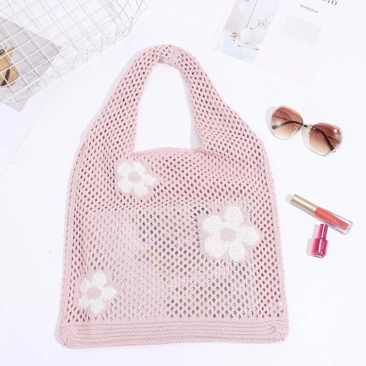 Ovida Crochet Tote Bag Mesh Beach Bag Fairycore Hobo Fairy Grunge Aesthetic Shoulder Bag Y2k Purse for Women Girls
