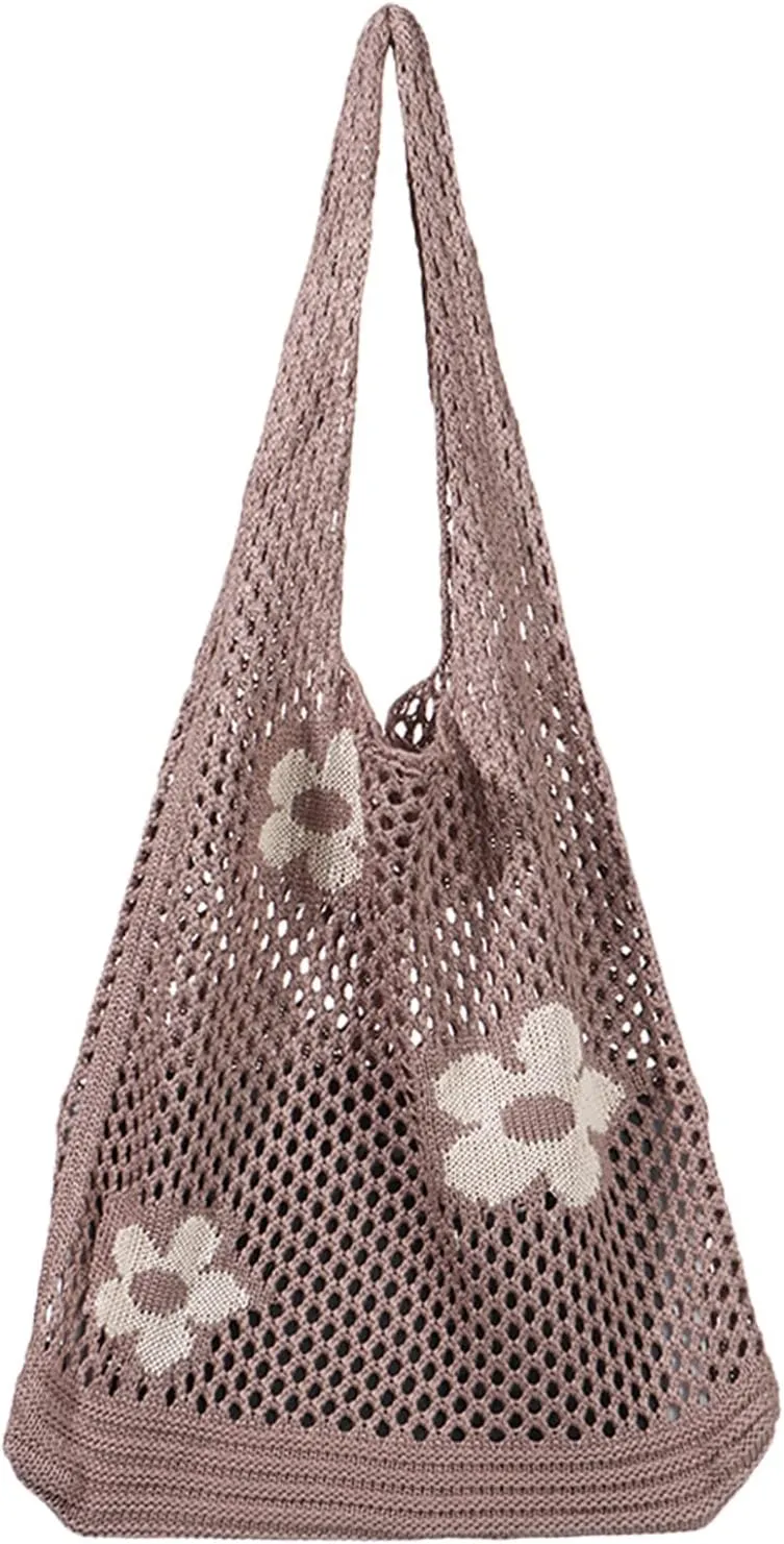 Ovida Crochet Tote Bag Mesh Beach Bag Fairycore Hobo Fairy Grunge Aesthetic Shoulder Bag Y2k Purse for Women Girls
