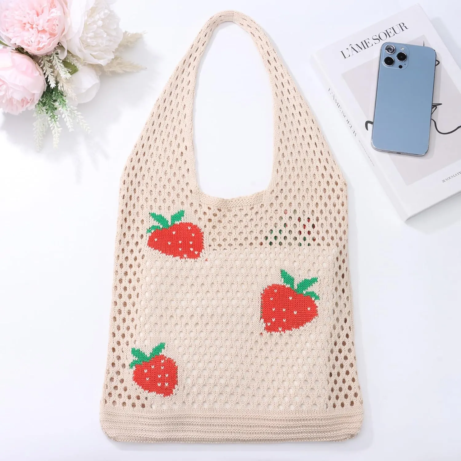 Ovida Crochet Tote Bag Mesh Beach Bag Fairycore Hobo Fairy Grunge Aesthetic Shoulder Bag Y2k Purse for Women Girls