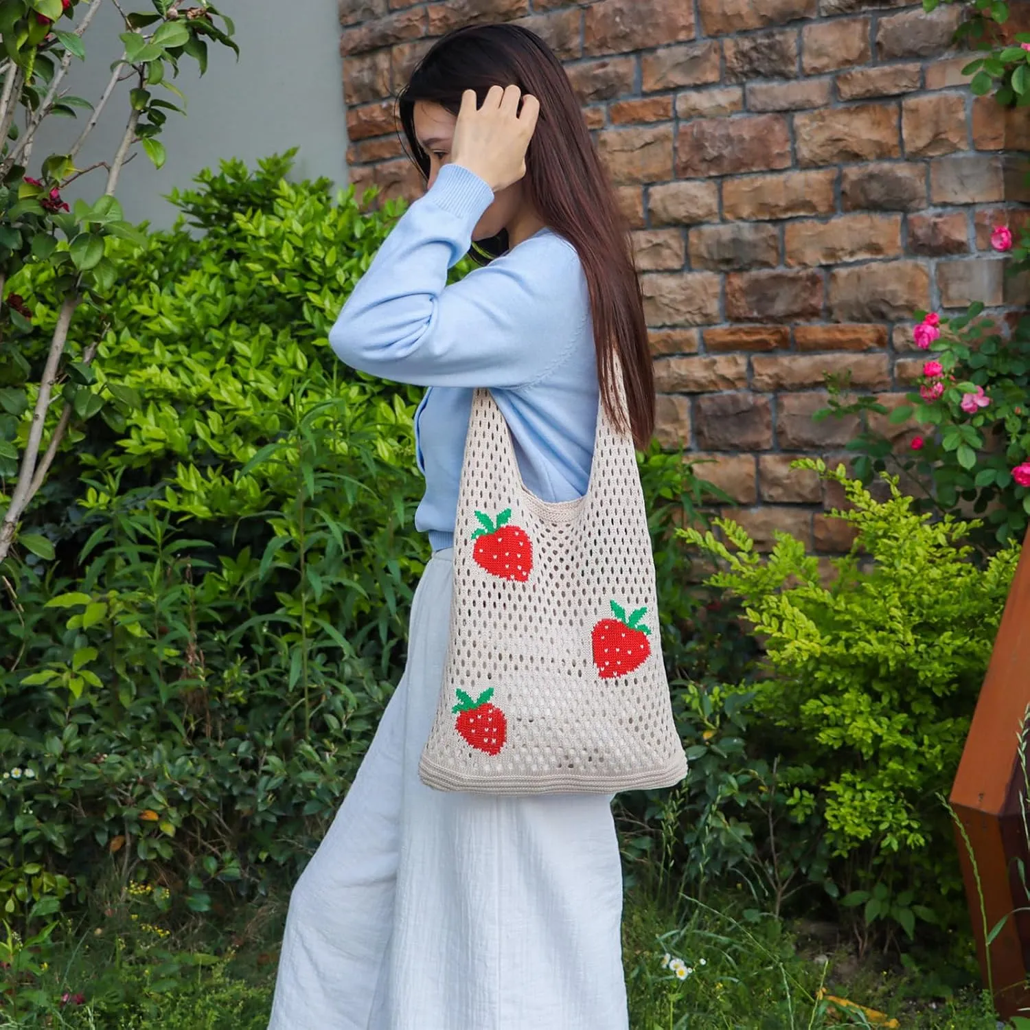 Ovida Crochet Tote Bag Mesh Beach Bag Fairycore Hobo Fairy Grunge Aesthetic Shoulder Bag Y2k Purse for Women Girls
