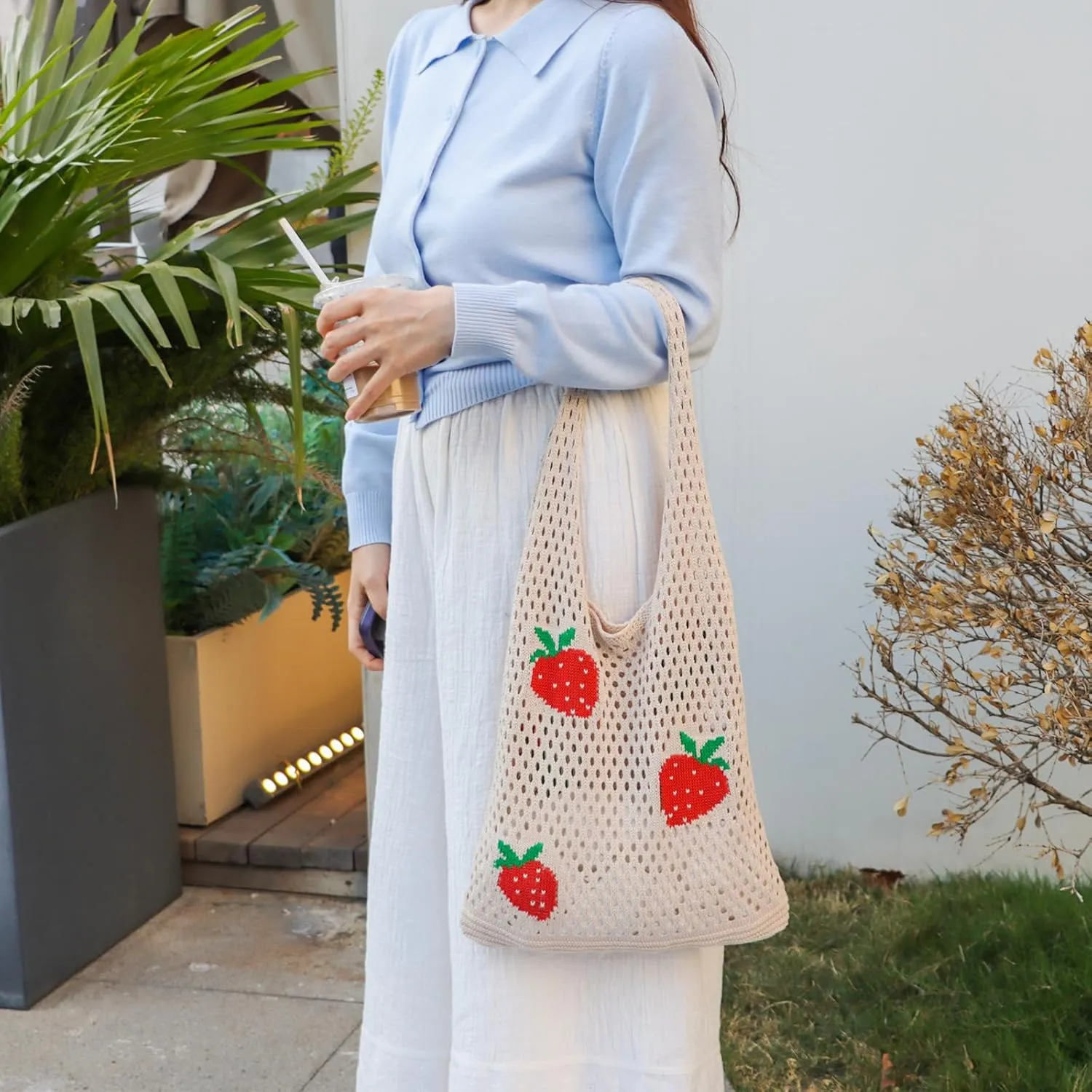 Ovida Crochet Tote Bag Mesh Beach Bag Fairycore Hobo Fairy Grunge Aesthetic Shoulder Bag Y2k Purse for Women Girls