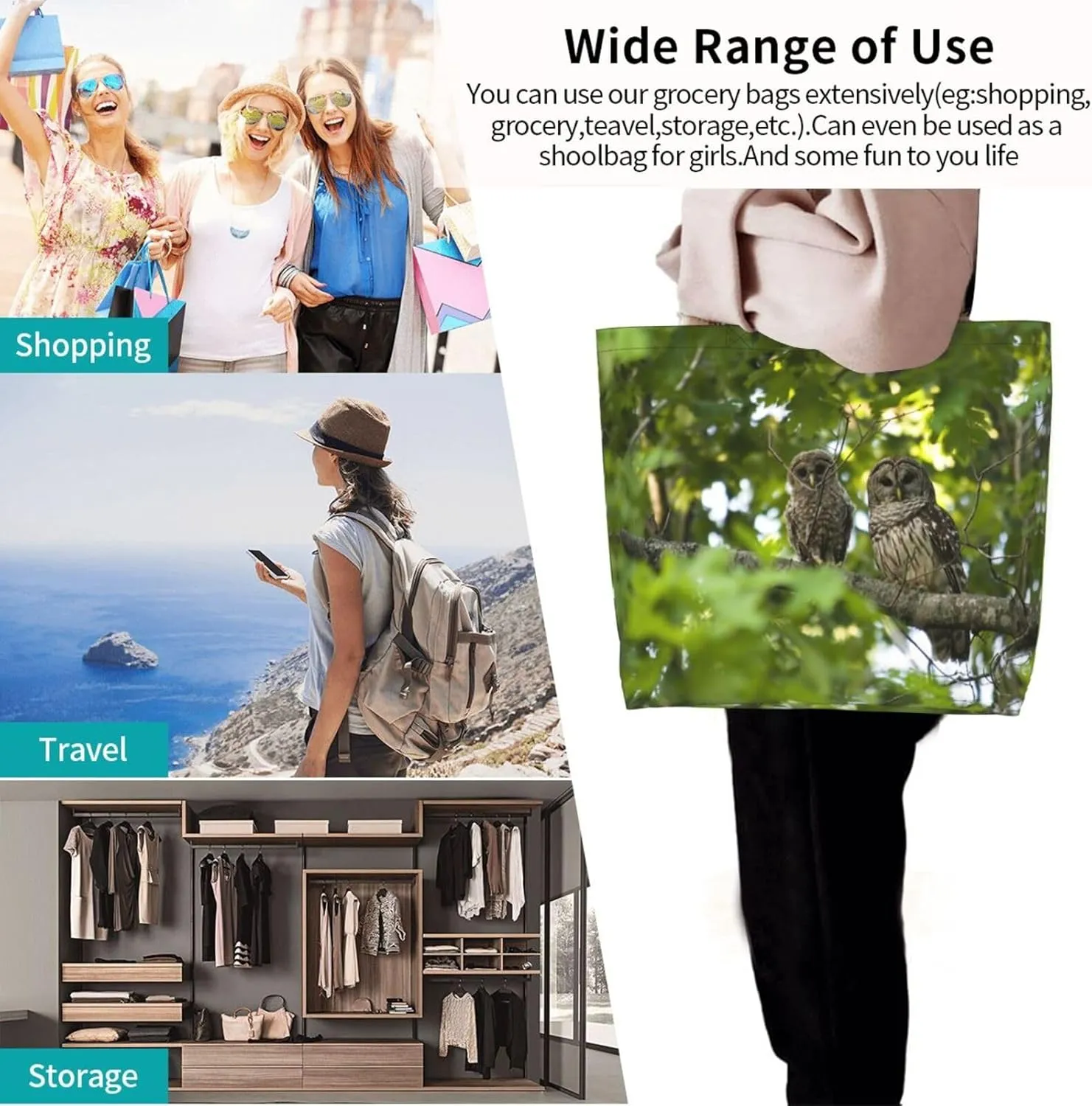 Owl Canvas Tote Bag Animal Shoulder Bag Handbag Cute Casual Grocery Bags Funny Bag for Outdoor
