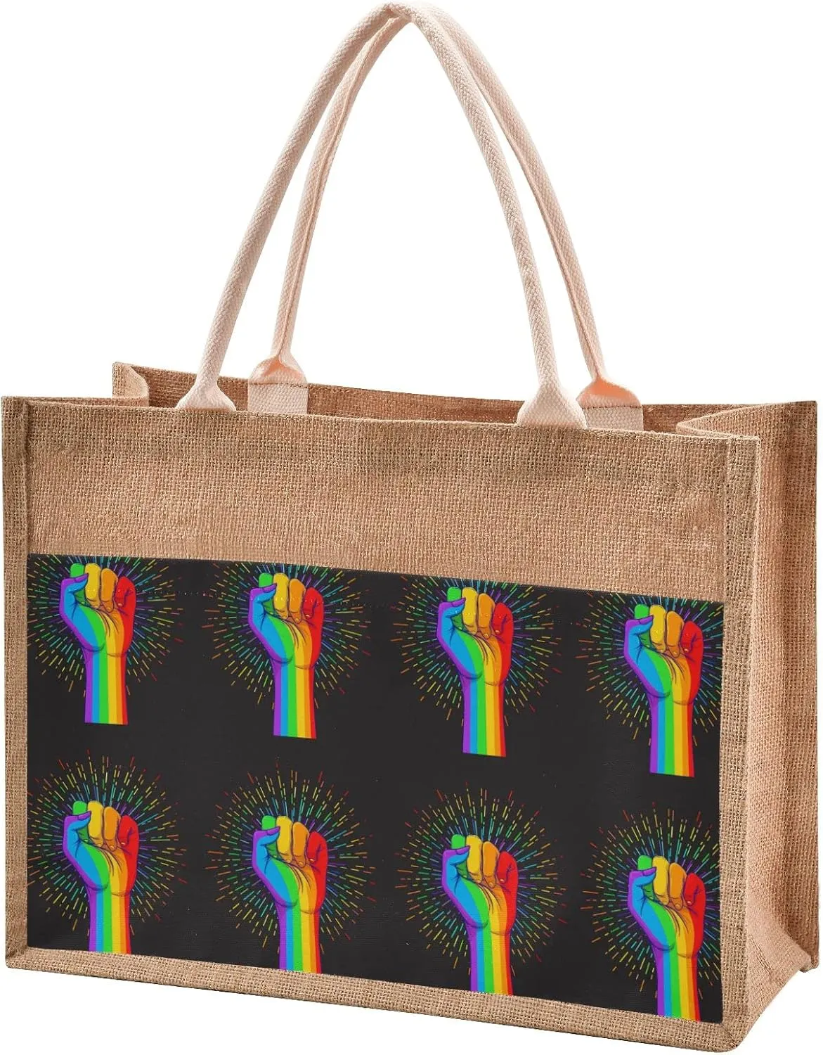 Oyihfvs Durable Burlap Bag with Handles, Zipper Jute Tote Reusable Bag Waterproof Lining for Shopping Work Travel beach