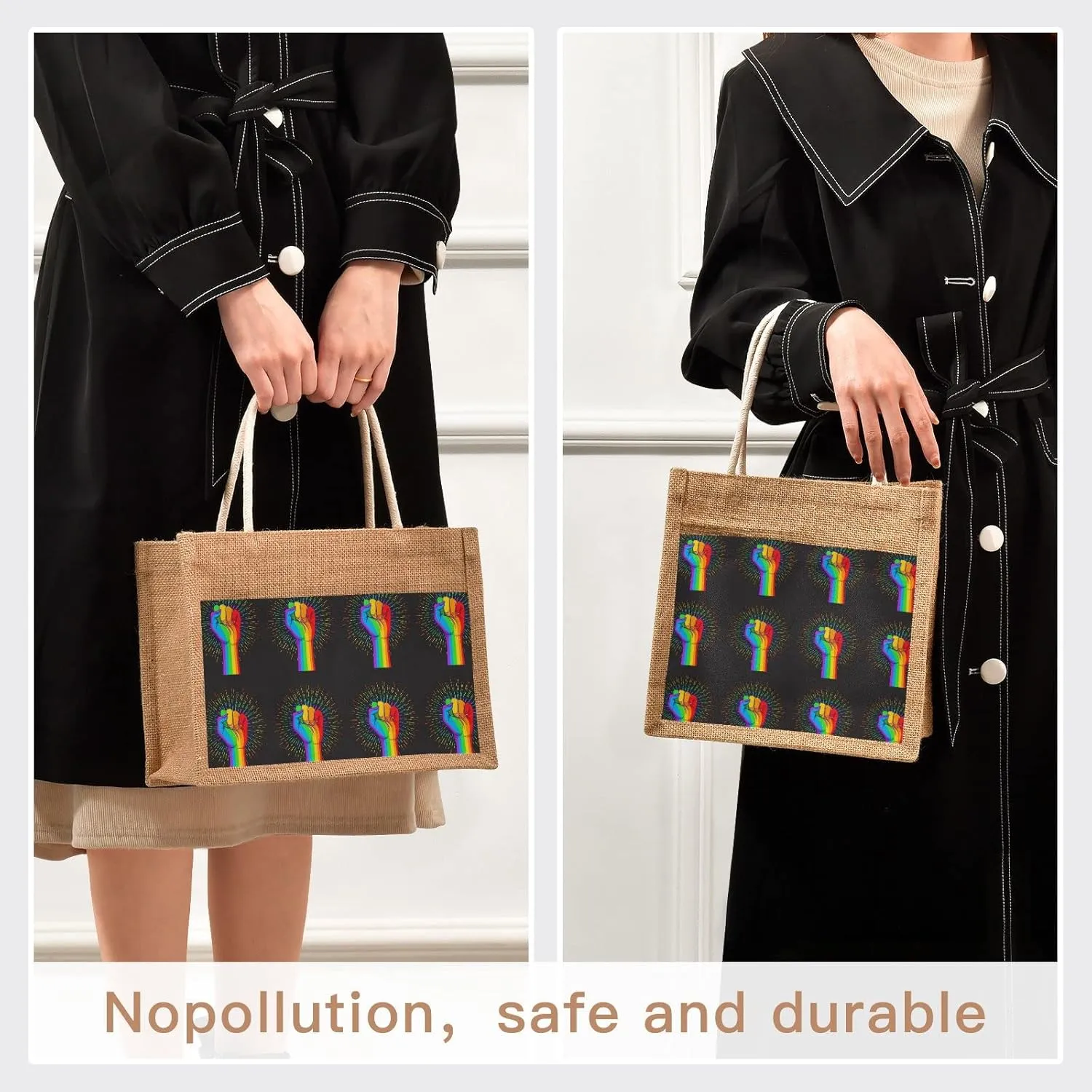 Oyihfvs Durable Burlap Bag with Handles, Zipper Jute Tote Reusable Bag Waterproof Lining for Shopping Work Travel beach