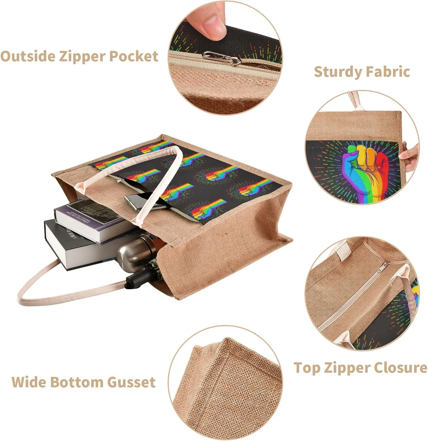 Oyihfvs Durable Burlap Bag with Handles, Zipper Jute Tote Reusable Bag Waterproof Lining for Shopping Work Travel beach
