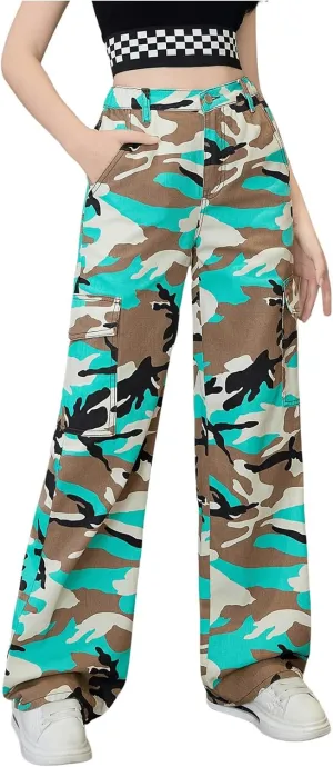 OYOANGLE Girl's Camo Print Cargo Pants Flap Pocket Mid Waist Wide Leg Casual Jeans