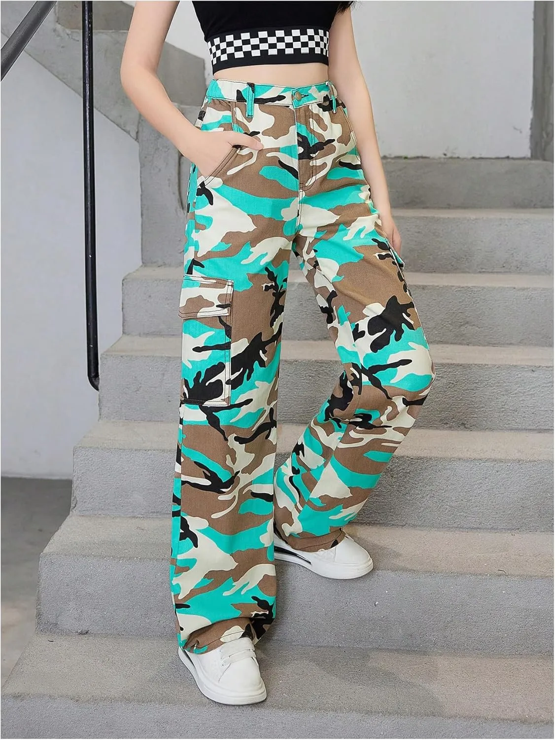 OYOANGLE Girl's Camo Print Cargo Pants Flap Pocket Mid Waist Wide Leg Casual Jeans