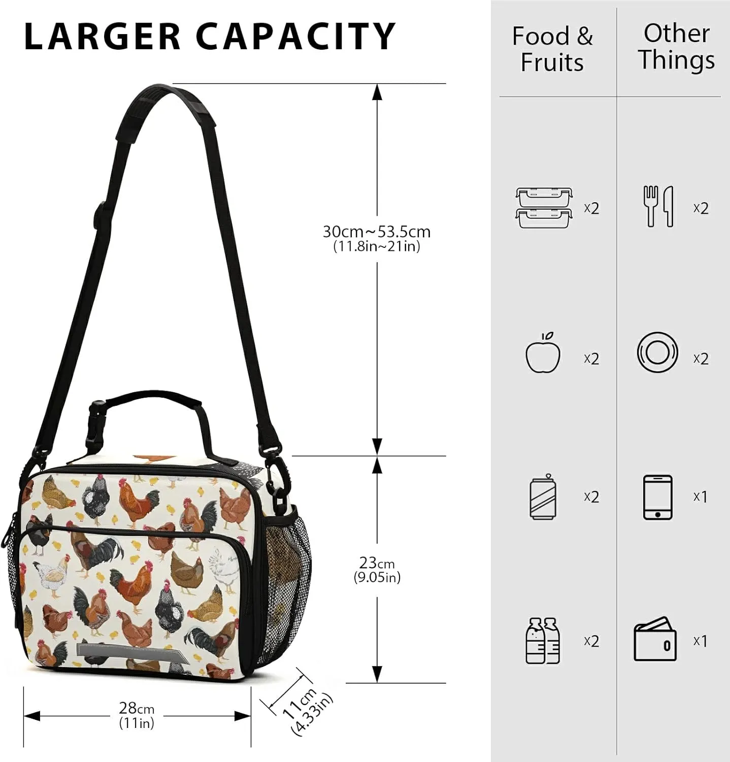 panksolu Rooster And Chicken Lunch Bag, Insulated Lunch Box with Adjustable Shoulder Strap Cooler Tote Bag for Men Women Kids Teens