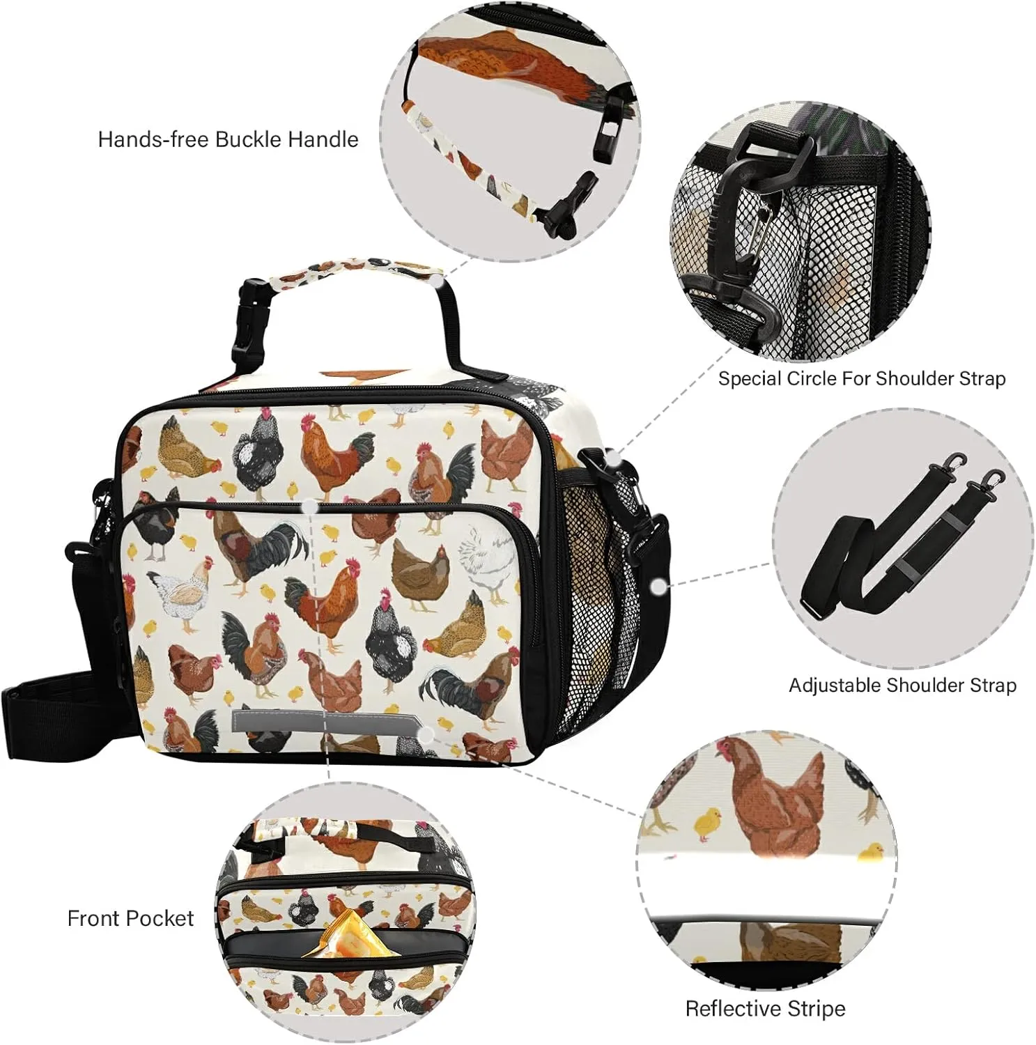panksolu Rooster And Chicken Lunch Bag, Insulated Lunch Box with Adjustable Shoulder Strap Cooler Tote Bag for Men Women Kids Teens