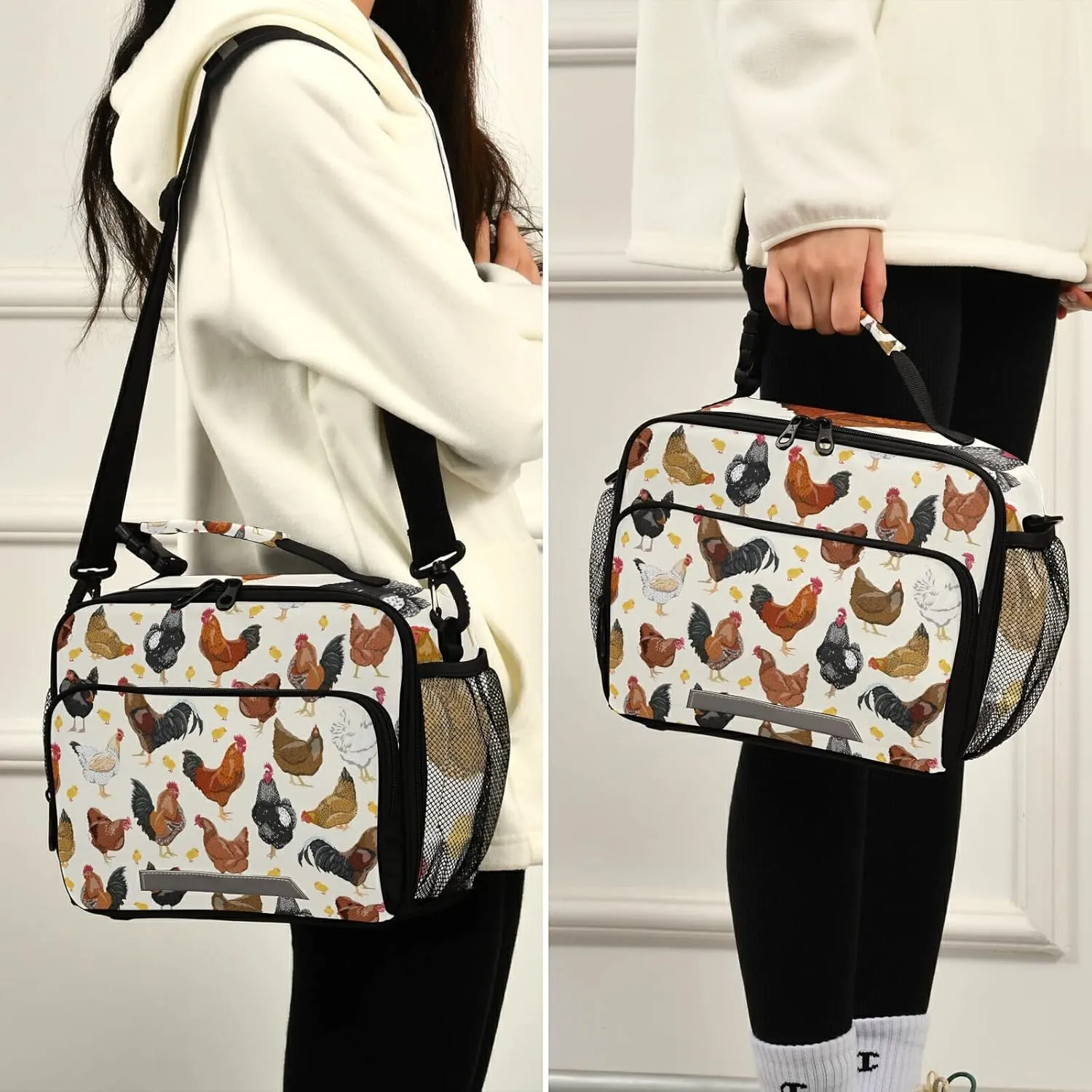 panksolu Rooster And Chicken Lunch Bag, Insulated Lunch Box with Adjustable Shoulder Strap Cooler Tote Bag for Men Women Kids Teens