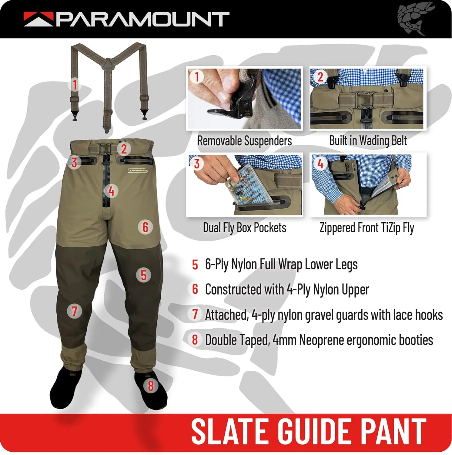 Paramount Outdoors Slate Guide Pant Waist High Zippered Stockingfoot Breathable Wader Pant for Fly Fishing