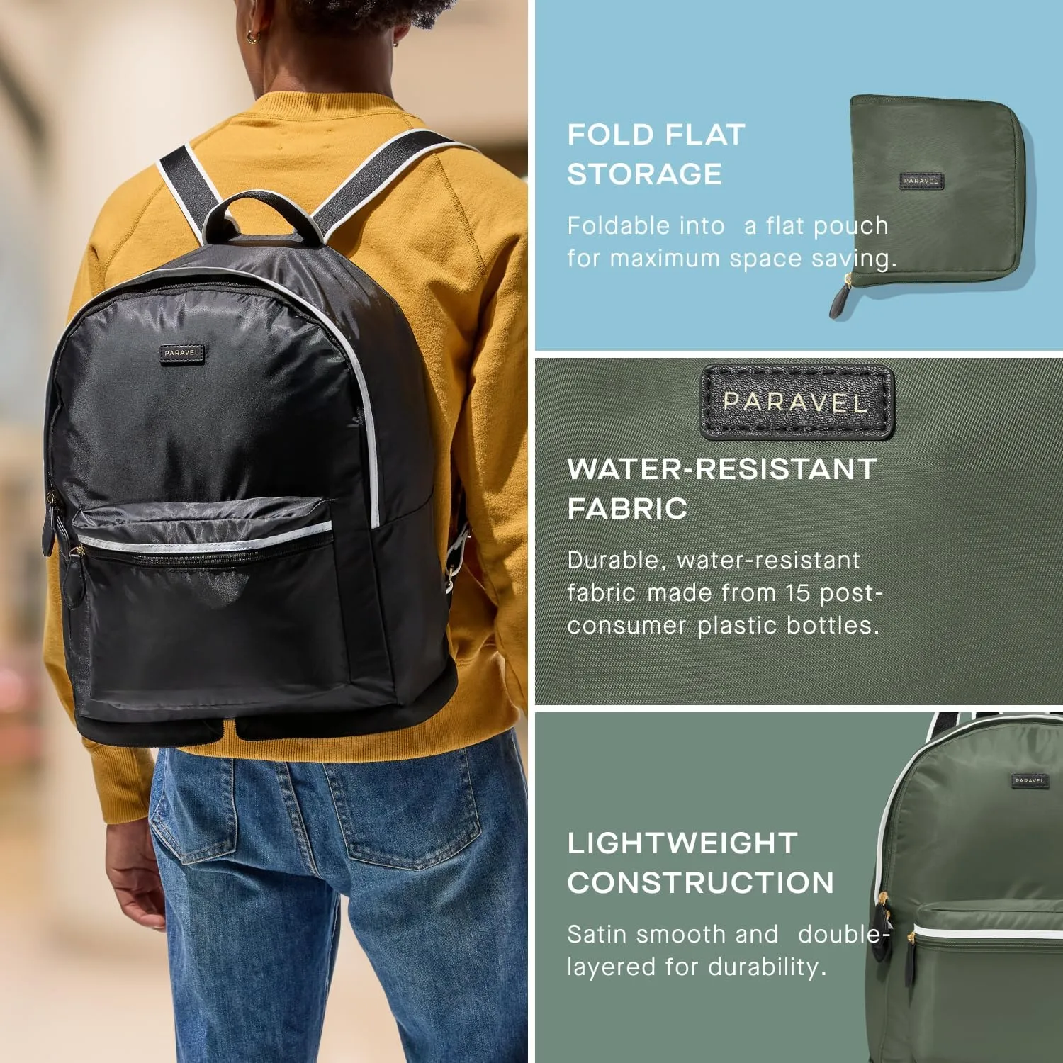 Paravel Fold Up Travel Backpack | Packable and Lightweight Foldable Travel Bag | Carry On Nylon Backpack with Trolley Sleeve, Flatiron Grey