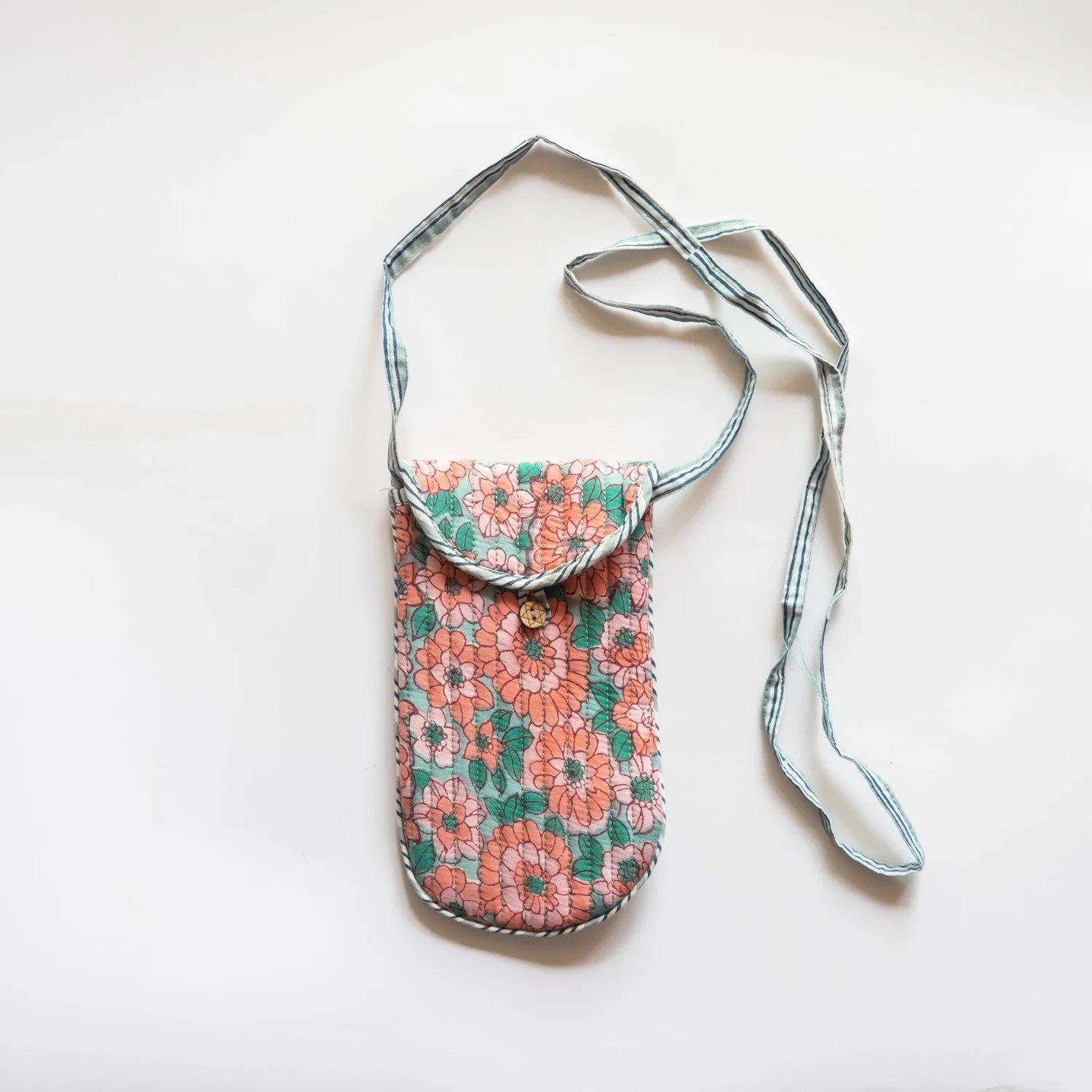 Peach & Green Daisy Hand Blockprinted Phone Sling