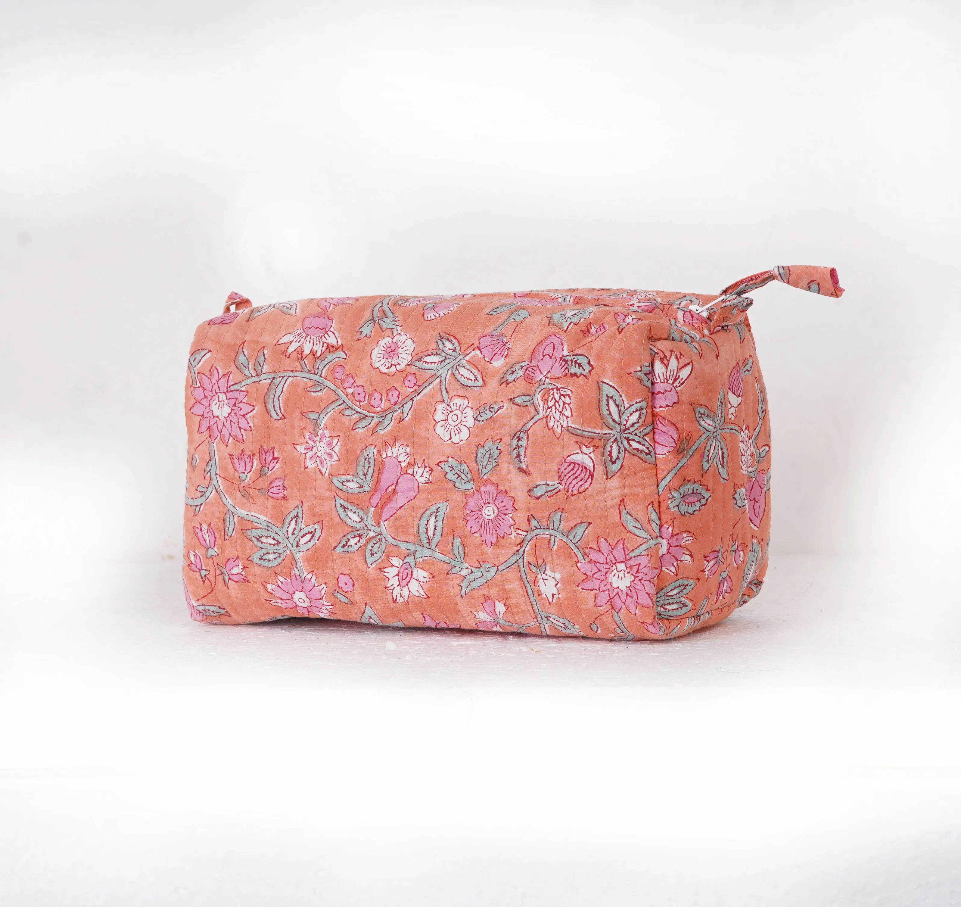 Peach Blossom Quilted Toiletry Pouch Set – Hand Block Printed (Set of 3)