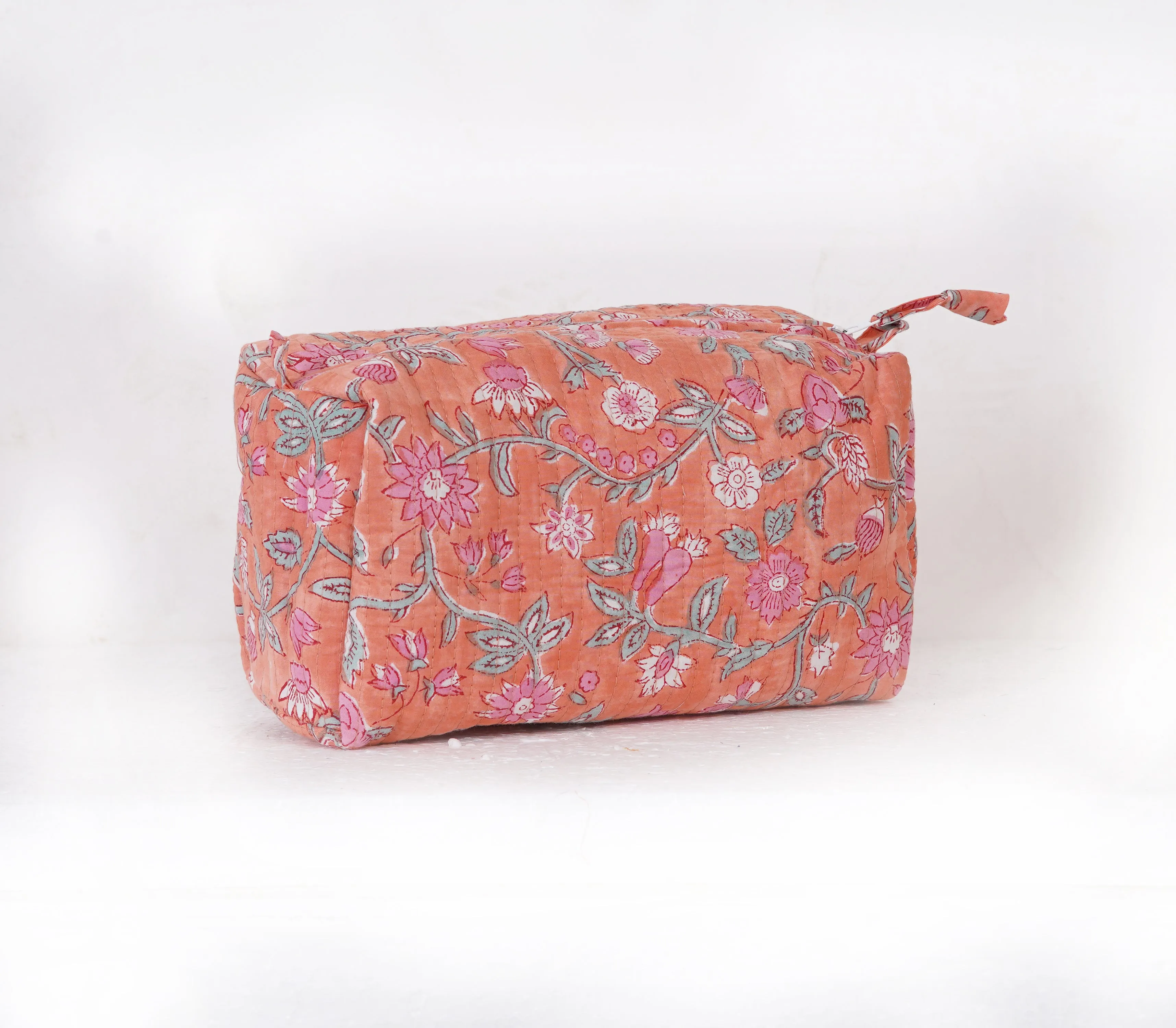 Peach Blossom Quilted Toiletry Pouch Set – Hand Block Printed (Set of 3)
