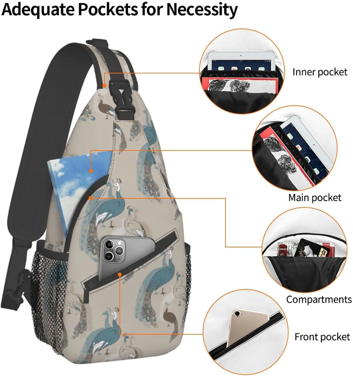 Peacock Shoulder Bag Cute Sling Backpack Daypack Casual Feather Hiking Bag Womens Backpack Bag Animal Bag