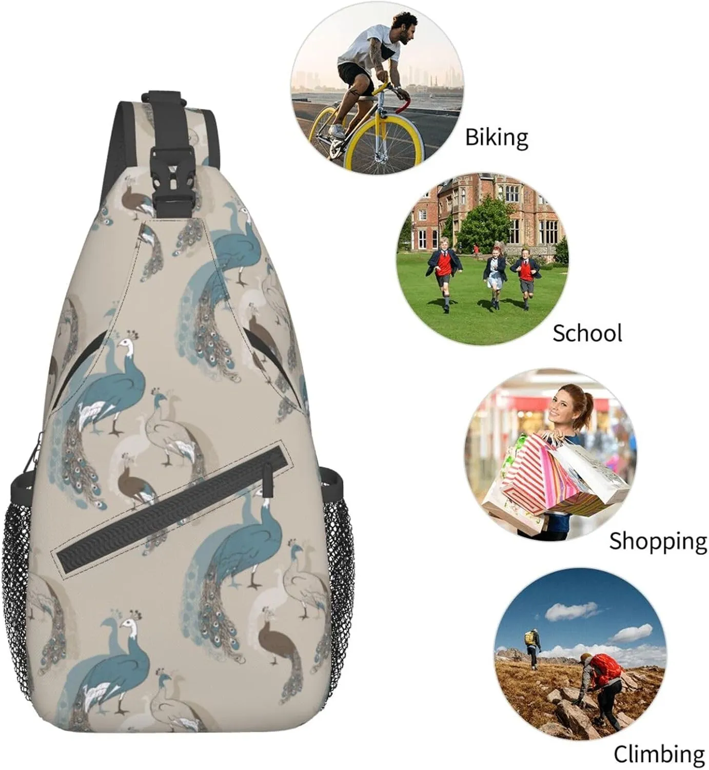 Peacock Shoulder Bag Cute Sling Backpack Daypack Casual Feather Hiking Bag Womens Backpack Bag Animal Bag
